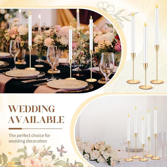 FillTouch 30 Pcs Gold Candlestick Holders with Flameless LED Candles Bulk Includes 15 Metal Candle Holders and 15 Battery Operated Taper Candles for Wedding Valentines Table Centerpieces Home Decor