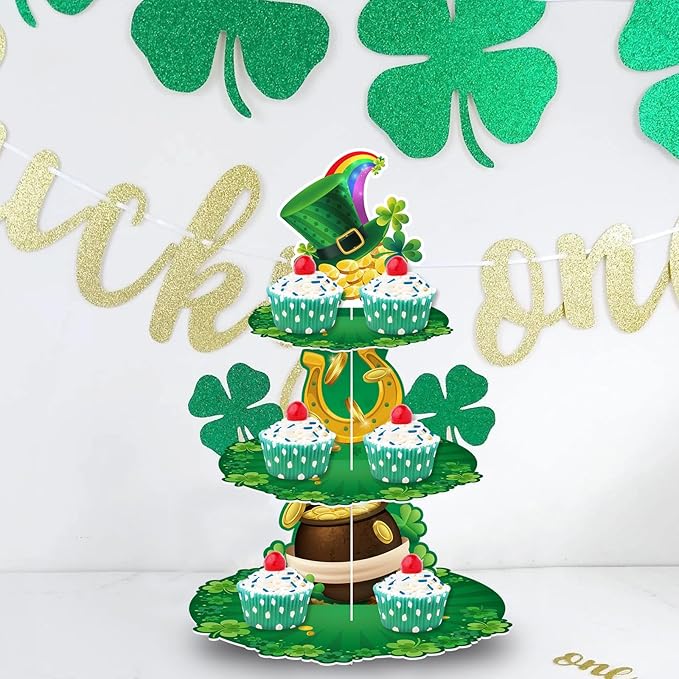 3 Tier St. Patrick's Day Cupcake Stand Shamrock Cardboard Display Stand Green Irish Cupcake Holder for St. Patrick's Day Party Decorations