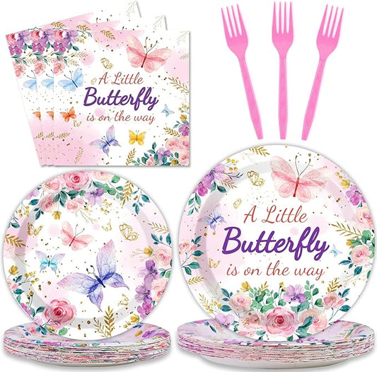 96Pcs Butterfly Baby Shower Party Supplies A Little Butterfly is On The Way Paper Plates Napkins Baby Girl Party Decorations Pink Floral Princess Girl Dinnerware Favor Tableware Serves 24