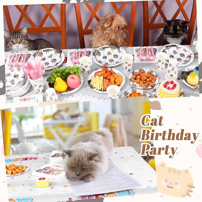 Funnymoom 452 Pcs Cat Birthday Party Decorations for 50 Guests, Cat Paper Plates Napkins Cups Tablecloth Cutlery Straws Disposable Tableware Set for Kitten Lover Birthday Party Supplies