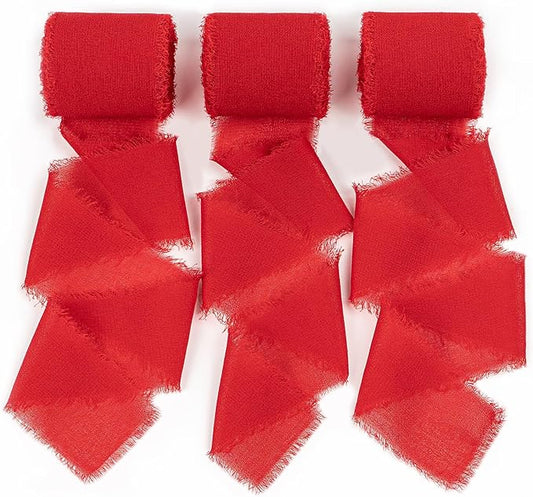 Chiffon Ribbon, Red Silk Ribbons, Valentine's Day Party Decoration, 1.5''x21Yd Handmade Frayed Fringe Ribbon for Gift Wrapping, Floral Vase, Crafts, Wedding, Birthday, Engagement, 3 Rolls