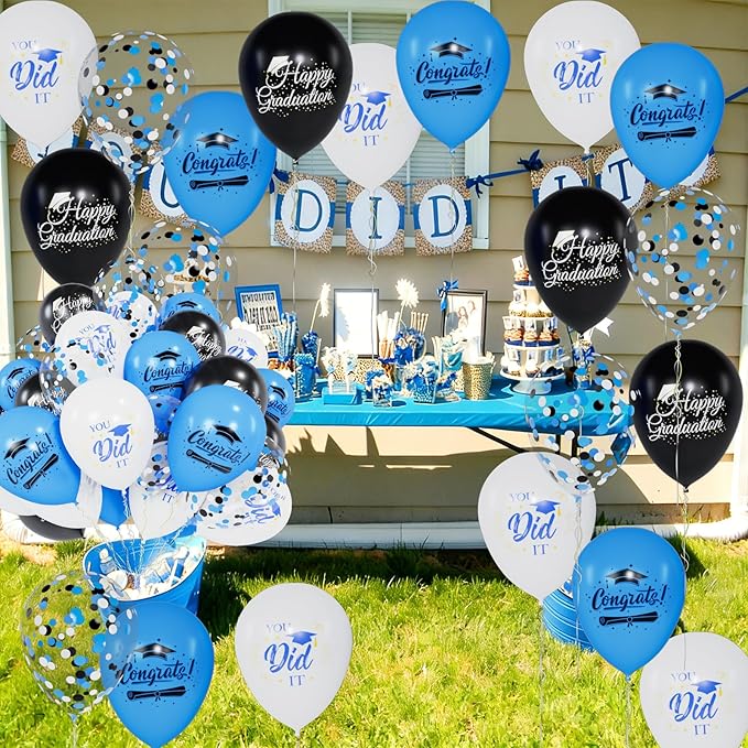 60 Pcs Graduation Balloons Class of 2026 Graduation Decorations - 12 Inch Congrats Grad Balloons Blue Black and White Latex Balloon Grad Party Decorations for College, High School