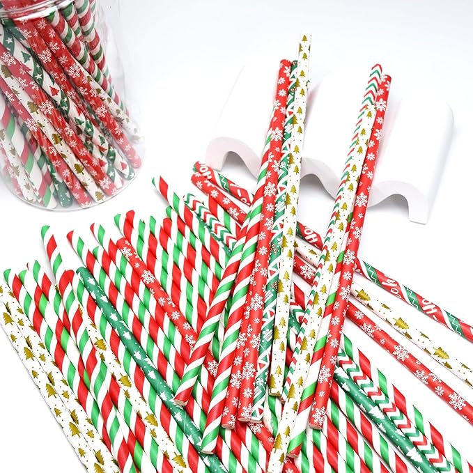 100 Christmas Paper Straws, 8 Styles Red Green White Gold Biodegradable Party Drinking Straws with Stripe, Wave, Christmas Tree Snowflake Design Decorations Supplies