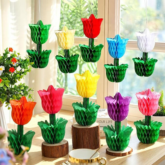 Colingmill 10 Pcs Spring Flower Honeycomb Centerpieces Tulip Mother's Day Decoration Spring Flower Party Supplies Tulip Floral Tabletop for Home Office Garden Wedding Tiered Tray Party Decor