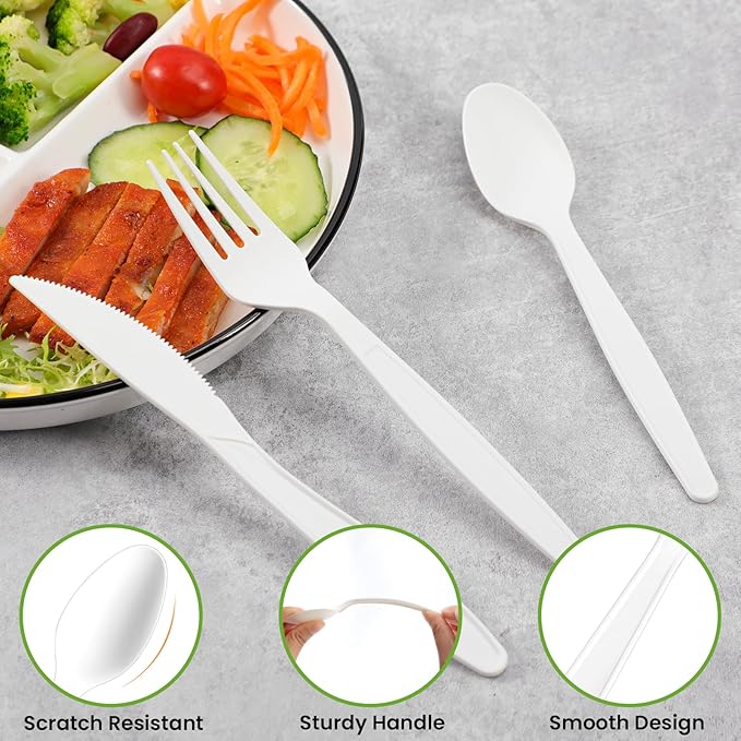 180Pcs Reusable Utensils Cornstarch Made - Heavy Duty Compostable Forks 80, Compostable Spoons 80, & 50 Knives Set - 100% Disposable Eco Friendly Flatware for Party, Wedding, BBQ, Camping (180 Pack)