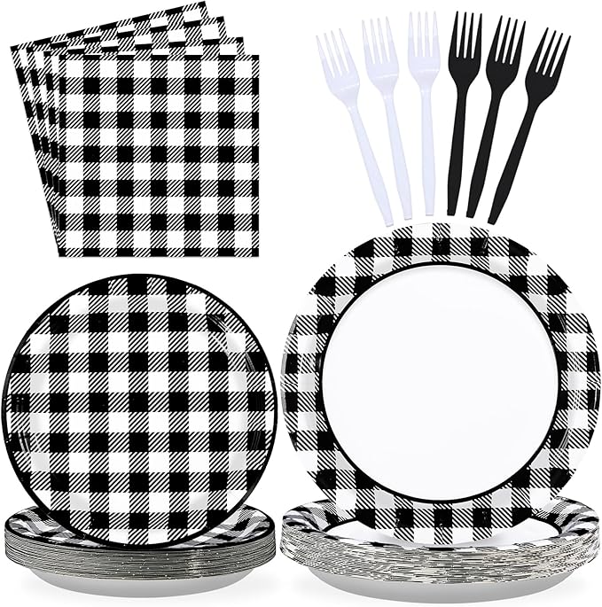 96 Pcs Black and White Gingham Party Supplies 350 GSM Disposable Black and White Buffalo Checked Paper Plates and Napkins Tableware Set for BBQ Picnic Race Car Birthday Party Decorations Serves 24