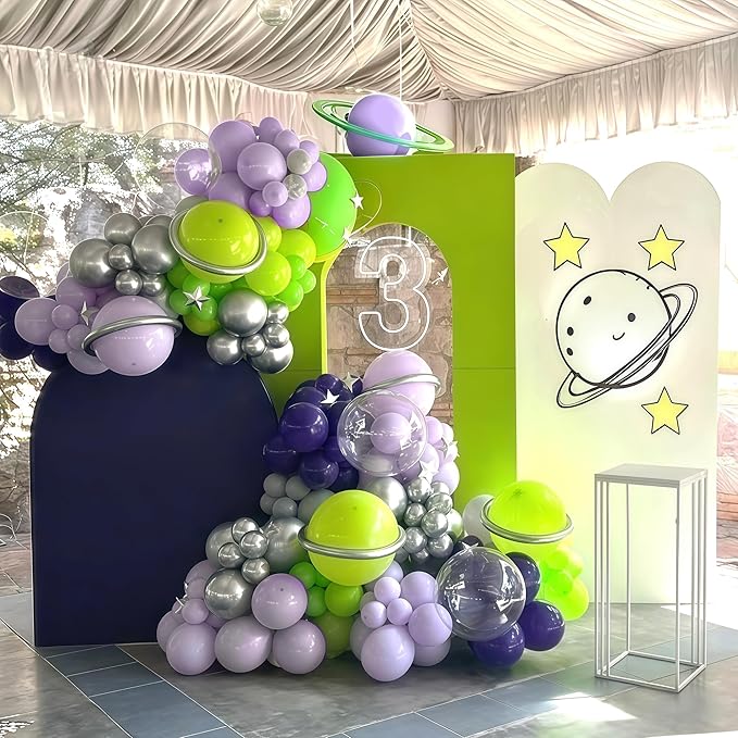 117PCS Purple Green Balloon Garland Kit, Space Birthday Decorations Lime Green Purple Metallic Blue Silver Balloons with Star Balloon Arch for Kids Boys Monster Toy Theme Baby Showr Party Decor