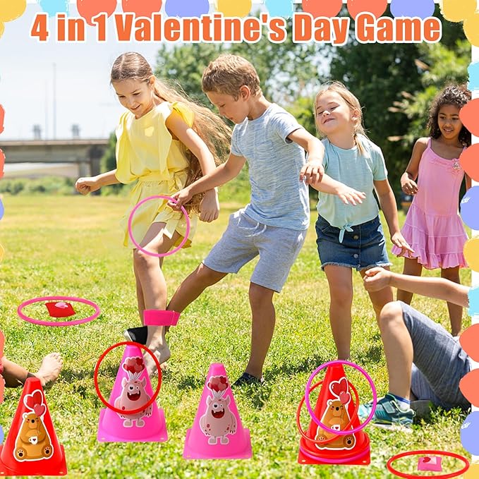 39Pcs 4 in 1 Valentines Day Party Games for Kids with Ring Toss, Plastic Cones, Bean Bags, 3-Legged Race Bands, Stickers, Carnival Valentine's Games Activity Combo Set for Classroom Indoor Outdoor