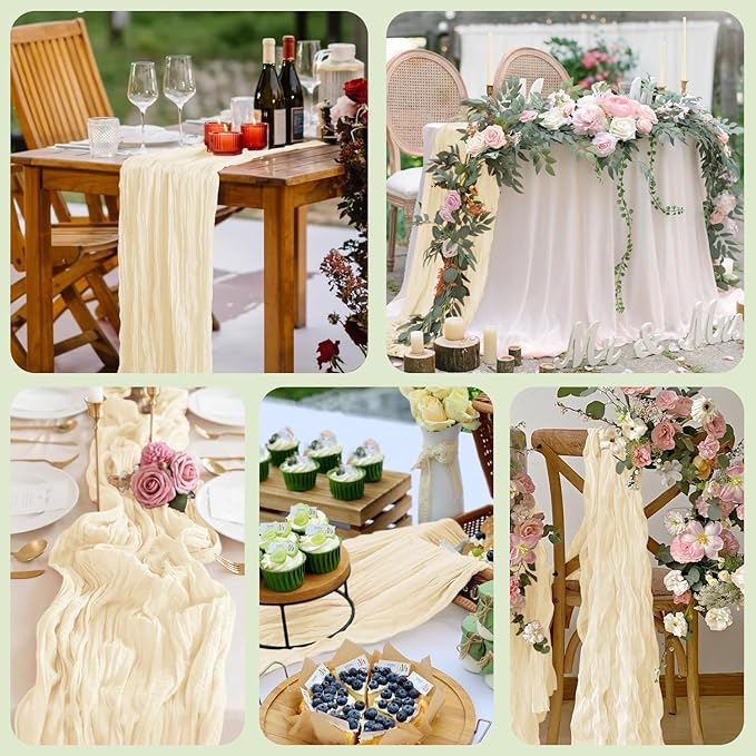 Asee'm 12pcs Cheesecloth Table Runner 120 Inches Long Beige Boho Gauze Cheese Cloth Runner 10FT Rustic Sheer Table Runners for Christmas Wedding Party Baby Shower Spring Easter Decoration