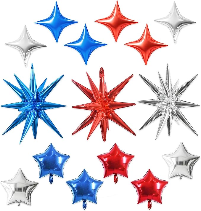 TONIFUL 22Inch 15Pcs Red Blue Silver Explosion Star Balloons and 10Inch Four Pointed Star Balloons Set for Christmas New Year Birthday Wedding Bridal Shower Independence Day Anniversary Supplies