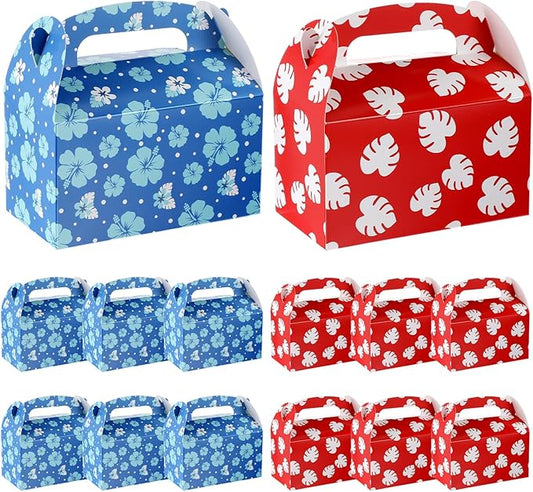 Marspark 12 Pack Hawaiian Themed Cartoon Birthday Party Supplies, Paper Gift Boxes, Cartoon Candy Treat Boxes for Birthday Party Decorations(Blue and Red Flower Pattern)