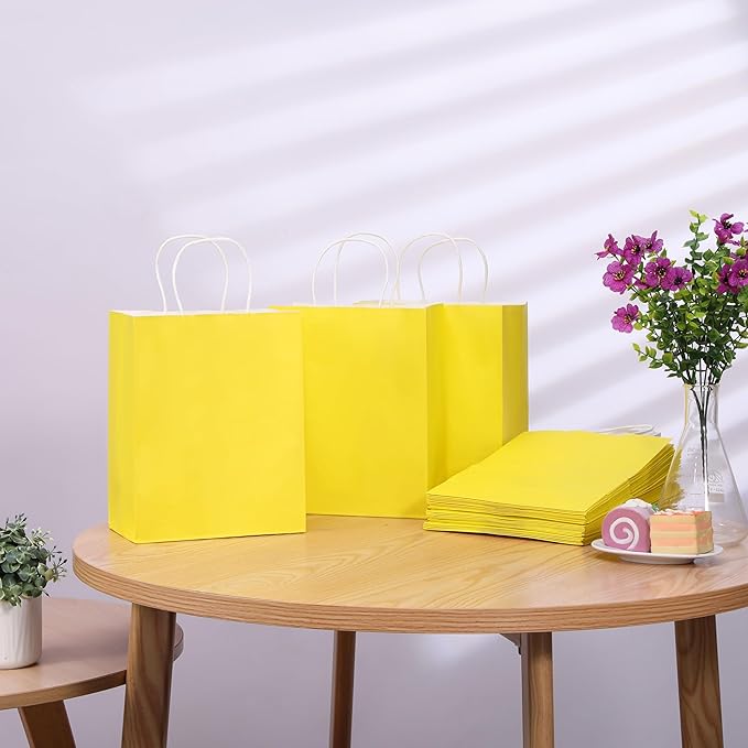 SUNCOLOR 25 Pack Yellow Gift Bags with Handles – 8x4.5x10 Medium Bags for Shopping, Retail, DIY, Wedding, Party Favors & Special Occasions