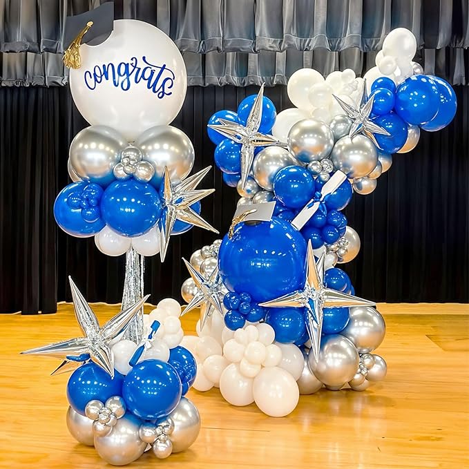 HILAVO Blue White Silver Balloon Arch Kit with Explosion Star 4D Silver Foil Balloons Royal Blue Metallic Silver White Balloon Garland for Blue 2026 Graduation Decoration Birthday Baby Shower Party