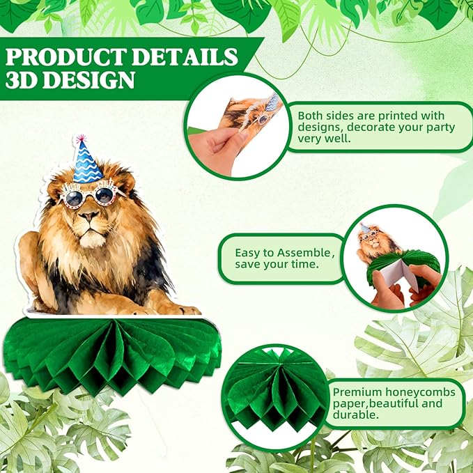 Safari Birthday Decorations 12-Pack | Animal Birthday Party Decorations Set with Honeycomb Centerpieces | Jungle Theme Party Supplies for Kids, Baby Shower, Wild One Celebration