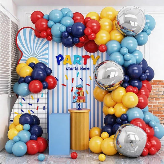 Jobkoo Red Blue Yellow Balloon Arch Kit with 4D Silver Ball Foil Balloons, Dusty Navy Blue Red Yellow Latex Balloons Garland for Carnival Circus Birthday Baby Shower Party Decorations