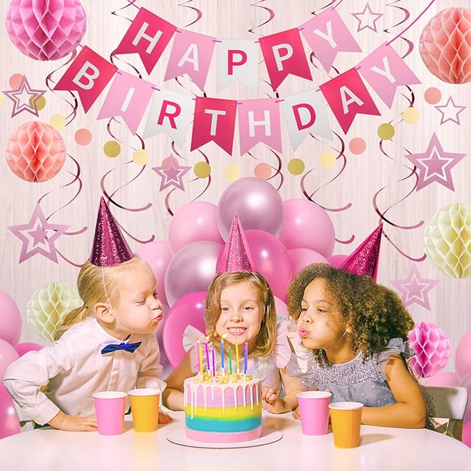 ZERODECO Birthday Decorations, Easy to Assemble Pink Happy Birthday Banner with Honeycomb Ball, Balloon, Hanging Swirl Streamer, Garland, Happy Birthday Party Decorations for Women Girls Kids