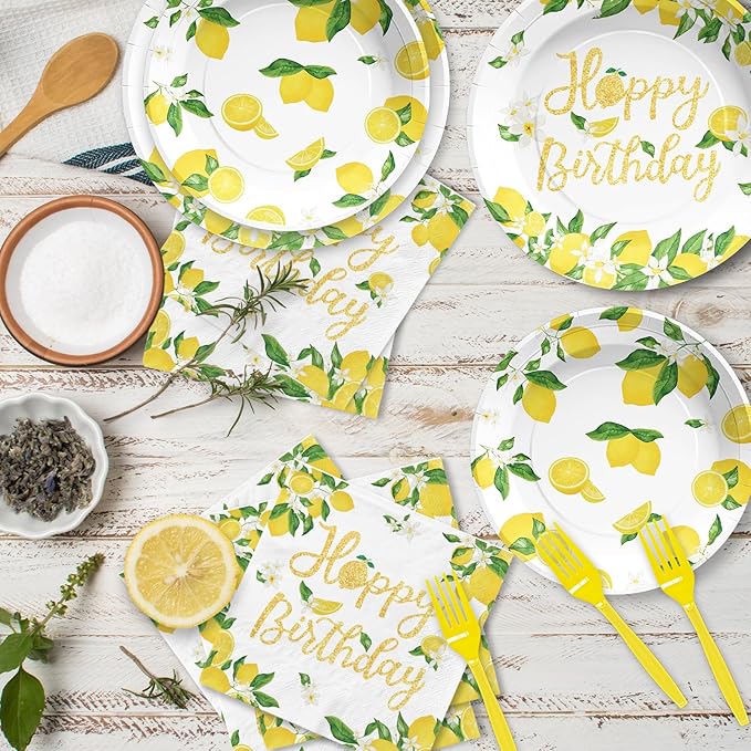 96PCS Lemon Birthday Party Decorations Freshly Graduated Lemon Party Plates Disposable Yellow Lemons Paper Tableware Set for Summer Lemonade Theme Birthday Lemons Baby Shower Fruit Themed Serves 24