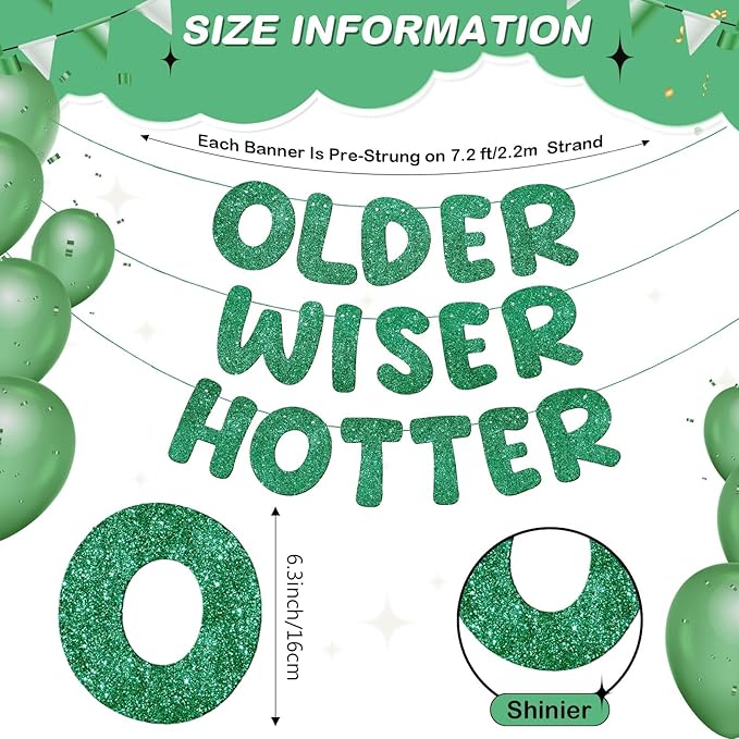 Fulmoon Set of 3 Pre Strung Older Wiser Hotter Glitter Banner Funny Birthday Banner for Women 30th 40th 50th 60th 70th 80th Birthday Party Decorations Sign Gift(Green)