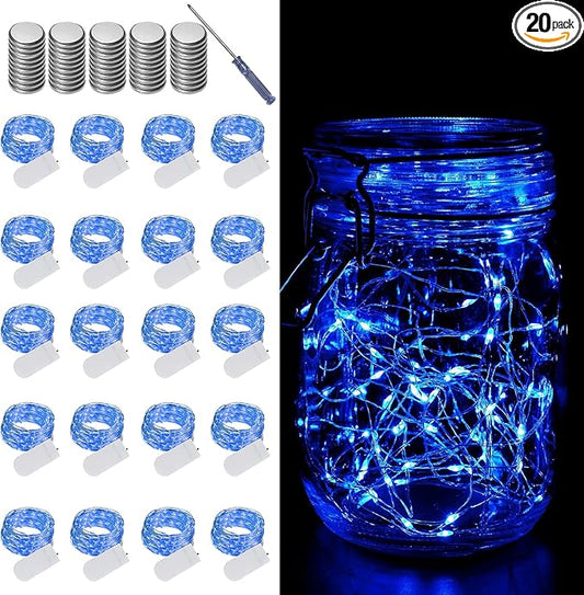 LAMPHOME 20 Pack Fairy Lights Battery Operated - 7ft 20 LED Lights Copper Wire Mini String Light Firefly Light for Mason Jars DIY Crafts Christmas Wedding Party Centerpiece Table Decor,Blue