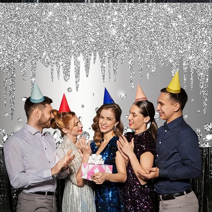 ABLIN 10x7ft Silver Backdrop Print Dripping Glitter Crystal Diamond Silver Happy Birthday Party Bridal Shower Wedding Decorations Photography Background Photo Shoot Props