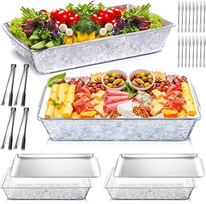 Baderke 4 Set 16 x 9.45 Chilled Serving Tray for Parties with Compartments Ice Chilled Party Platter Charcuterie Serving Board with Forks Tongs for Fruit Seafood Vegetable Appetizer (Silver)