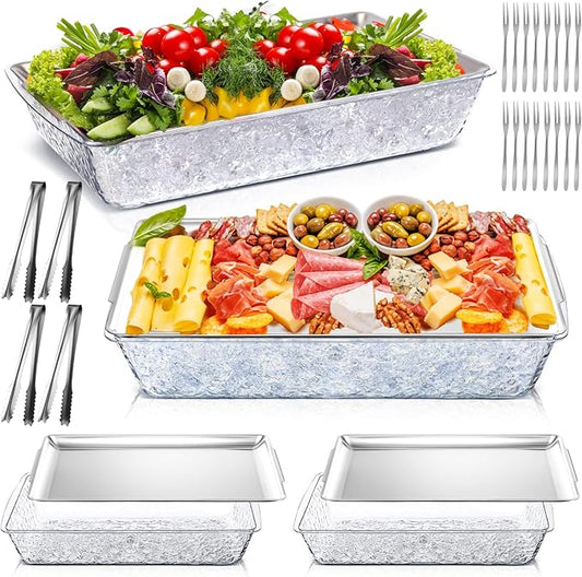 Baderke 4 Set 16 x 9.45 Chilled Serving Tray for Parties with Compartments Ice Chilled Party Platter Charcuterie Serving Board with Forks Tongs for Fruit Seafood Vegetable Appetizer (Silver)
