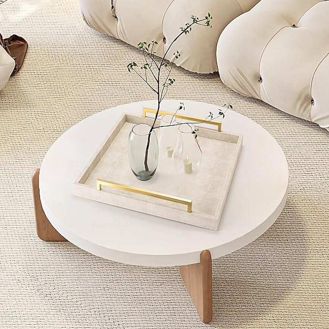 Large Ottoman Tray for Coffee Table,Square Shagreen Leather Decorative Tray with Gold Handles for Living Room Decor