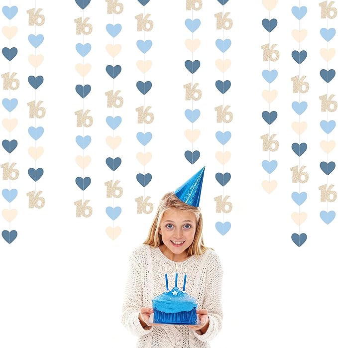 Champagne Gold Blue 16th Birthday Decorations Champagne Gold Dusty Blue Heart Garland Streamer Banner Backdrop for Girls Happy 16th Birthday Sweet 16 Decorations Cheers to 16 Years Old Party Supplies