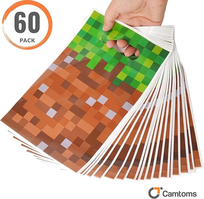 Camtoms 60 pcs Goodie Bags, Party Bags, Gift Bags for Boys Birthday, Party Favors, Treats, Candy, Pixel Style, 6x10 inch