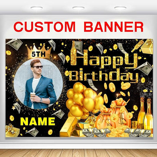 Custom Dollar Money Black and Gold Happy Birthday Party Decorations Supplies Personalized Dollar Money Black and Gold Birthday Backdrop Banner(4x6ft)