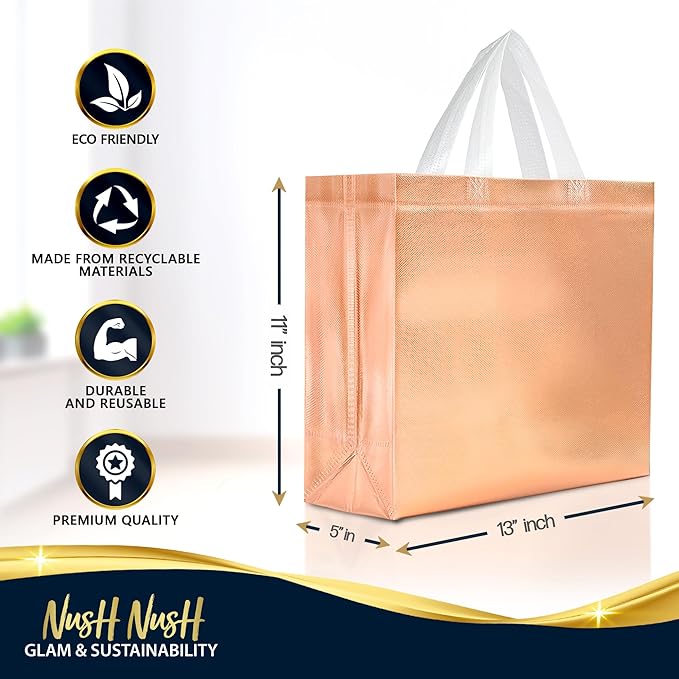 Nush Nush Large Rose Gold Gift Bags Bulk - Set of 30 Shiny Rose Gold Reusable Gift Bags Large Size with Handles - For Small Business, Christmas, Thanksgiving, Bachelorette - 13Wx5Dx11H