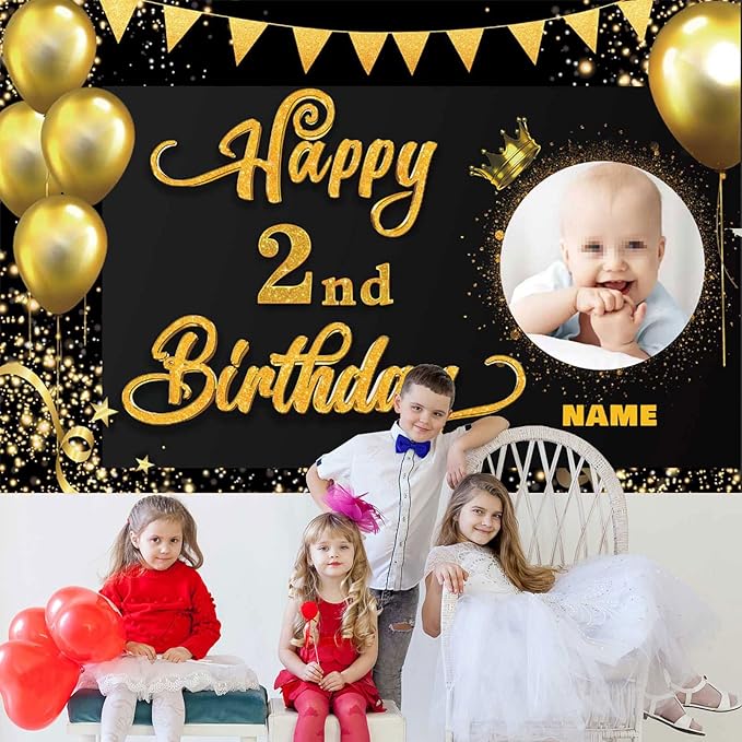 Custom Happy 2nd Birthday Decorations Banner -2 Years Old Backdrop forwomenmen Boys Girls - Personalization Party Supplies Black and Gold, 4x6ft/5x7.5ft/6x9ft/7x10.5ft/8x12ft