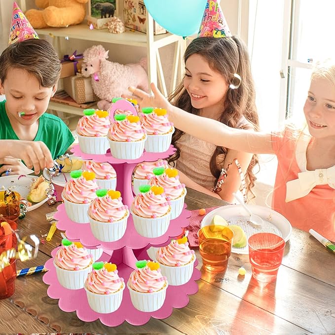 Pink Cupcake Stand, 3-Tier Heart Handle Dessert Display Tower, Scalloped Edge Cake Stand for Girl Birthday Baby Shower Wedding Party Decoration, Easy Assembly (2-Pack) ﻿