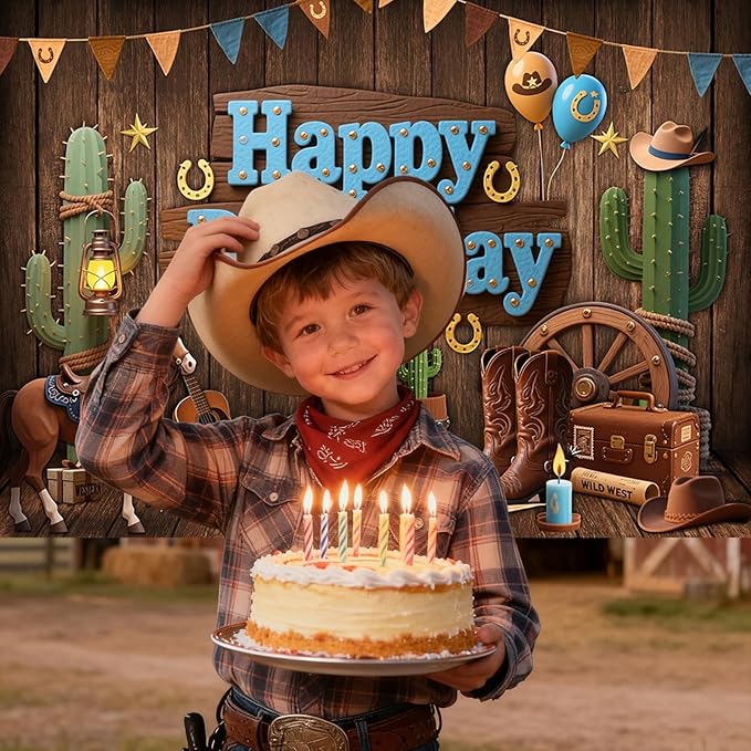 Mocsicka Western Cowboy Birthday Backdrop Wild West Happy Brithday Party Decorations Banner for Boys Western Themed Party Photography Bakground Supplies (Brown, 8x6ft(96"x72"))