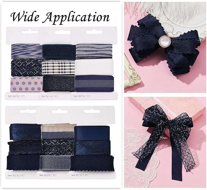 BEEFLYING 3 Styles Navy Blue Wire Edged Ribbons for Gift Wrapping Decoration 25~28mm×2.7m Satin Ribbons for Wedding Party Decoration Hair Bows Flower Designs Sewing and Craft, 9 Yards