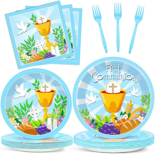 Qyeahkj 100 Pcs Baptism Plates and Napkins, First Holy Communion Party Blue Paper Disposable Tableware Decorations for Boys God Bless Decor for Christening Celebration Party Baby Shower, Serves 25