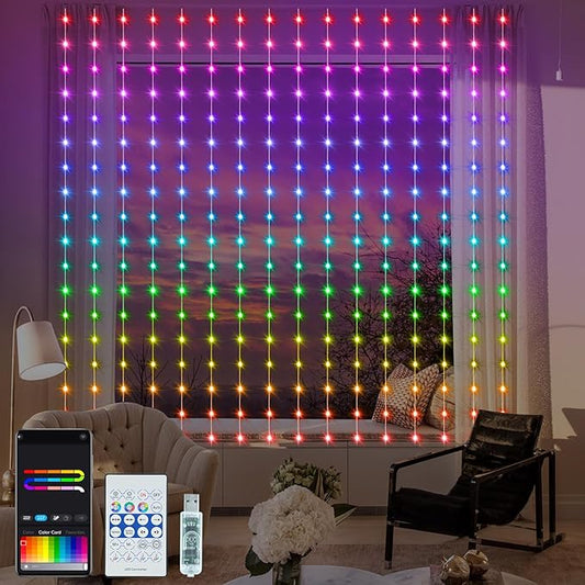 LumBelle Smart Curtain Lights RGB 5050 Built in Chip, Color Changing Curtain Lights with Music Sync APP Remote Control, 8Ft x 6Ft 144LED USB Powered Fairy Lights for Party Patio Garden Decor