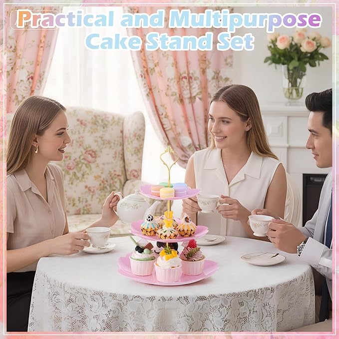 3 Sets Tea Party Decorations of 3 Tier Wedding Plastic Dessert Table Display Set Cupcake Stand Dessert Plates Cake Candy Display Tower Wedding Birthday Baby Shower Tea Party Decoration