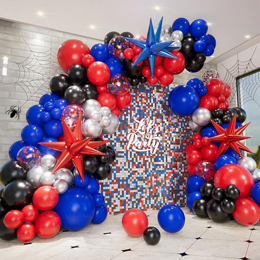 159pcs Black Red and Blue Balloons Arch Garland Kit, Spider Theme Balloon Arch with Explosion Star Balloons for Men Baby Shower Spider Theme Birthday Party Decorations