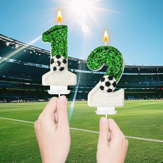 Soccer Birthday Candles Cake Topper for Girl and Boy, Wedding Cakes, Anniversaries, Party Celebrations, Birthday Decorations (Green White, 12)