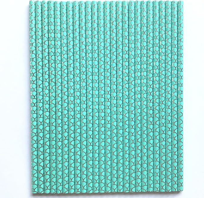100 pcs Under The Sea Party Paper Straws, Aqua Mermaid Fish Silver Foil Scale Drinking Straws, Kids Birthday Baby Shower Ocean Beach Pool Tropical Summer Hawaiian Cake Pop Sticks (Aqua With Scale)
