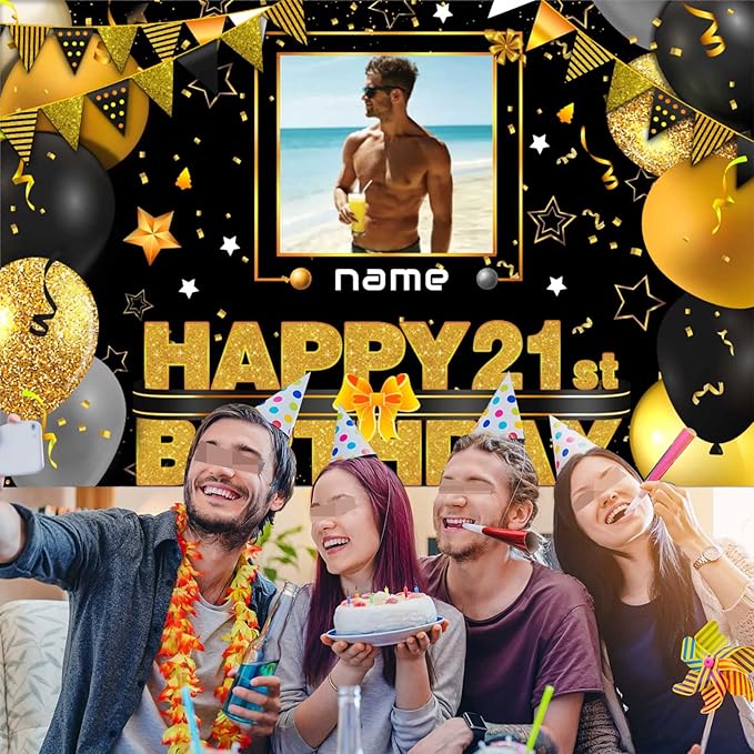 Personalized Black and Gold Decoration Banner for Custom Photos and Names - Happy 21st Birthday Celebration Supplies