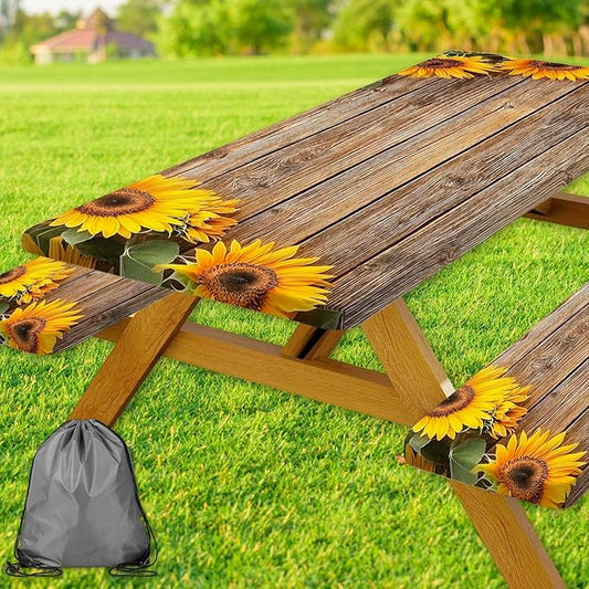 Sunflower Picnic Table Cover with Bench Covers, Waterproof Windproof, Camping Essentials, Fitted Tablecloth Cover with Elastic Edge, for Indoor & Outdoor, Garden, Camping, 3 Pieces Set, 30x60 Inch