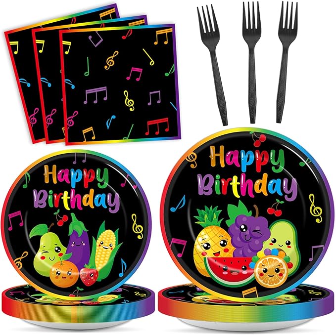100Pcs Dancing Fruit Party Decorations Sensory Fruit Paper Plates and Napkins Dancing Fruits Themed Disposable Tableware Set for Summer Fruits 1st Birthday Baby Shower Party Supplies Serves 25