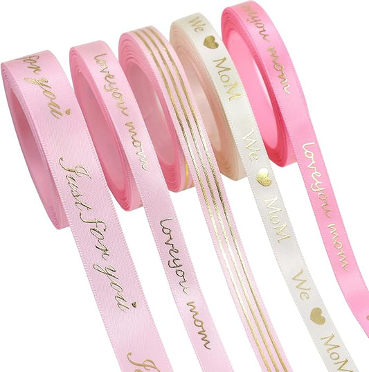 Mother’s Day Ribbon Set – 5 Rolls Satin Gift Flower Ribbons with Gold Foil Letters – 5 Yards Each, 10mm & 16mm – Love You Mom, Just for You, We Mom – Gift Wrap, Flower Wrap, Crafting, DIY (5)