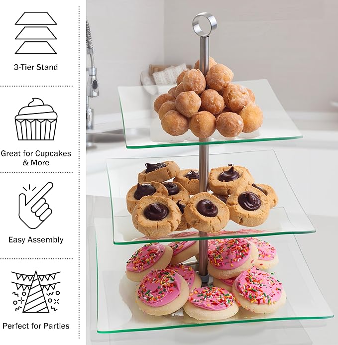 Home Dess Chef Buddy Three Tier Square Glass Buffet and Dessert Stand, 1 Pack, Clear