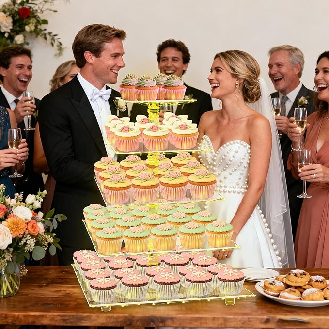 YestBuy 5 Tier Cupcake Stand for 60 Cupcakes,Clear Acrylic Cupcake Tower with Yellow LED Lights and 4.7" Clear Tiers, Perfect for Weddings, Birthdays and Dessert Tables