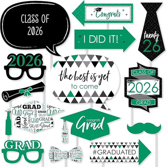 Big Dot of Happiness Graduation Props for Photoshoot 2026, 20-Count Set of High School Senior Photo Booth Props for Pictures and Graduation Party Decorations - Green