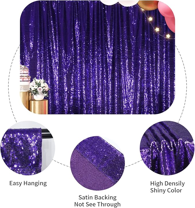 SquarePie 8x8ft Purple Sequin Backdrop, High Density Non-Transparent Glitter Curtain for Photography, Birthday, Wedding Party Decorations, Thick Solid Background with 4" Rod Pocket, 1 Panel