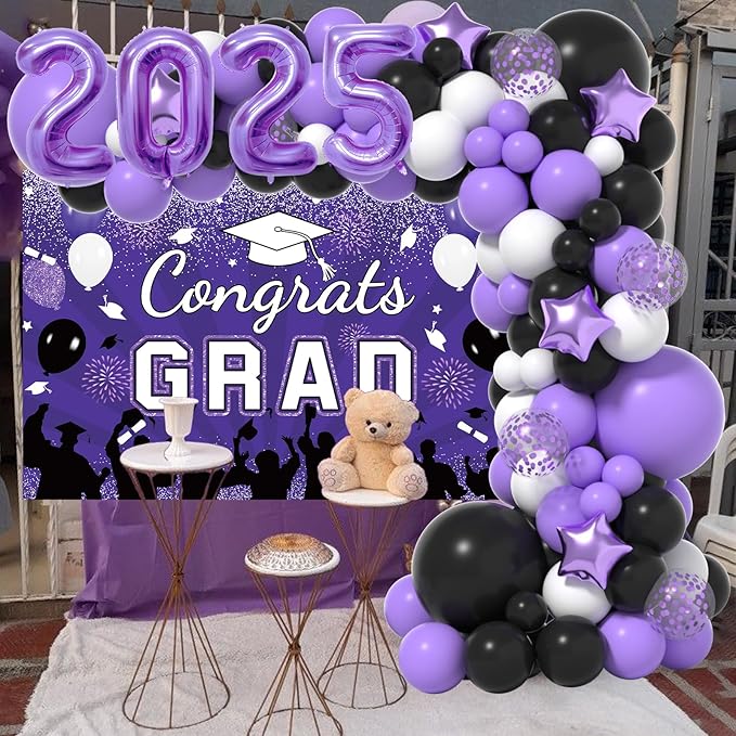 Graduation Decorations Class Of 2026: Purple and Black 2026 Graduation Balloons Arch Kit Congrats Grad Backdrop 136PCS Party Supplies for High School & College Celebrations